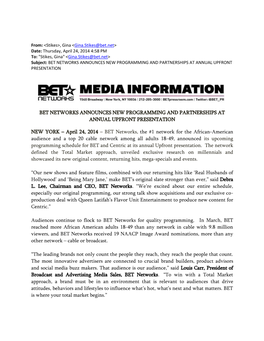 Bet Networks Announces New Programming and Partnerships at Annual Upfront Presentation