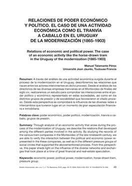 Relaciones De Poder Económico Y Político. El Caso De Una Actividad Económica Como El Tranvía a Caballo En El Uruguay De La Modernización (1865-1903)