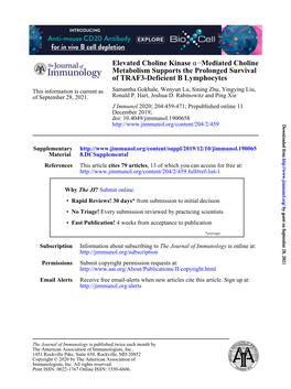 Elevated Choline Kinase Α–Mediated Choline Metabolism Supports the Prolonged Survival of TRAF3-Deficient B Lymphocytes