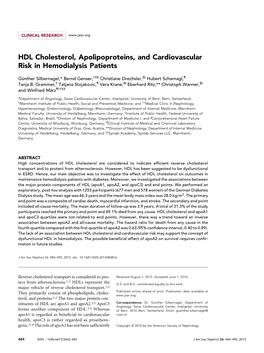 HDL Cholesterol, Apolipoproteins, and Cardiovascular Risk in Hemodialysis Patients