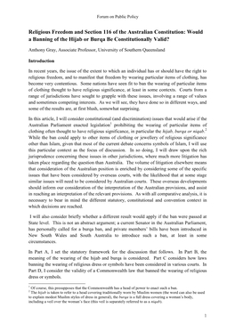 Religious Freedom and Section 116 of the Australian Constitution: Would a Banning of the Hijab Or Burqa Be Constitutionally Valid?