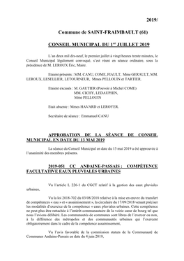 Commune De SAINT-FRAIMBAULT (61) CONSEIL MUNICIPAL DU 1Er