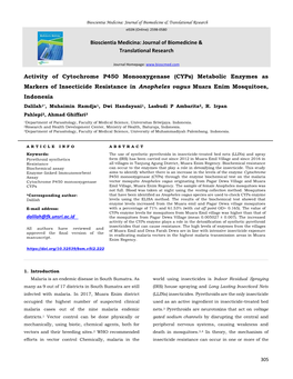 Metabolic Enzymes As Markers of Insecticide Resistance in Anopheles Vagus Muara Enim Mosquitoes, Indonesia