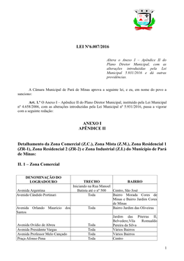 LEI Nº6.007/2016 ANEXO I APÊNDICE II Detalhamento Da Zona Comercial (Z.C.), Zona Mista (Z.M.), Zona Residencial 1 (ZR-1), Zona