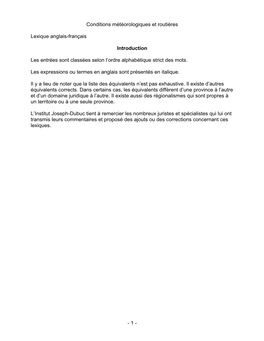 Conditions Météorologiques Et Routières Lexique Anglais-Français Introduction Les Entrées Sont Classées Selon L'ordre Al