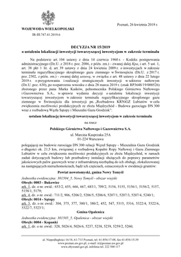 DECYZJA NR 15/2019 O Ustaleniu Lokalizacji Inwestycji Towarzyszącej Inwestycjom W Zakresie Terminalu