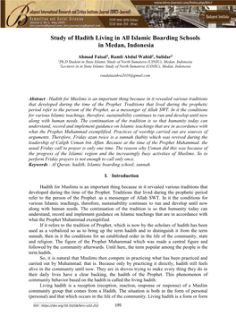 Study of Hadith Living in All Islamic Boarding Schools in Medan, Indonesia