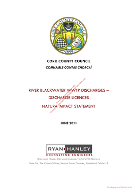 River Blackwater Wwtp Discharges – Discharge Licences Natura Impact Statement