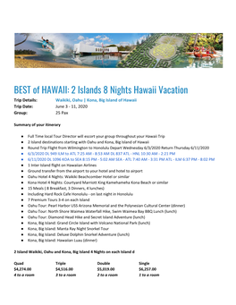 2 Islands 8 Nights Hawaii Vacation Trip Details: Waikiki, Oahu | Kona, Big Island of Hawaii Trip Date: June 3 - 11, 2020 Group: 25 Pax