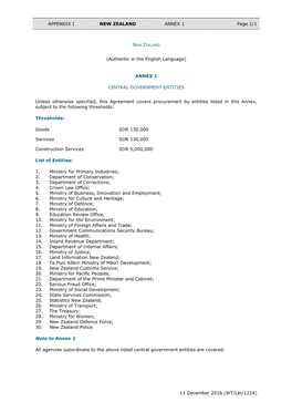 APPENDIX I NEW ZEALAND ANNEX 1 Page 1/1 11 December 2016 (WT/Let/1224) (Authentic in the English Language) ANNEX 1 CENTRAL GOVER