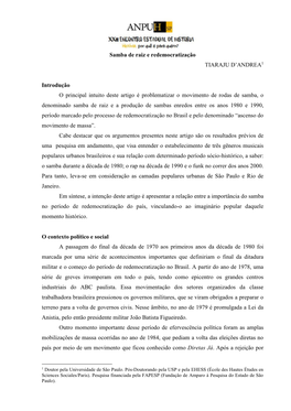 Samba De Raiz E Redemocratização TIARAJU D'andrea1 Introdução O