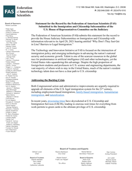 Statement for the Record by the Federation of American Scientists (FAS) Submitted to the Immigration and Citizenship Subcommitte