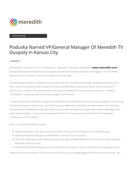 Poduska Named VP/General Manager of Meredith TV Duopoly in Kansas City