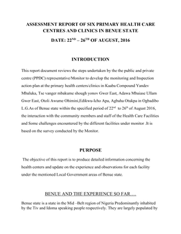 Assessment Report of Six Primary Health Care Centres and Clinics in Benue State