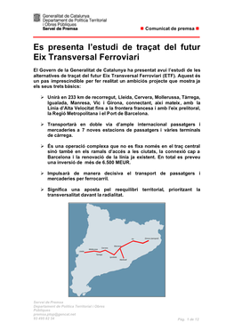 Es Presenta L'estudi De Traçat Del Futur Eix Transversal Ferroviari