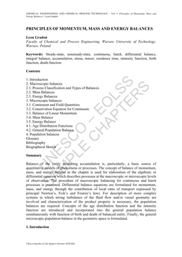 Principles of Momentum, Mass and Energy Balances - Leon Gradoń