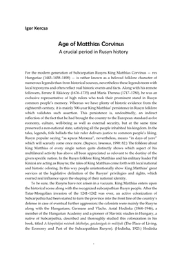 Age of Matthias Corvinus a Crucial Period in Rusyn History