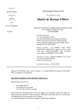 Mairie De Bernay-Vilbert Canton De FONTENAY-TRÉSIGNY EXTRAIT DU PROCES VERBAL DES DELIBERATIONS DU CONSEIL MUNICIPAL DU PV1607 16 SEPTEMBRE