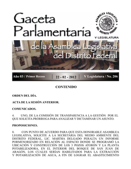 Año 03 / V Legislatura / No. 206 CONTENIDO -.::Asamblea