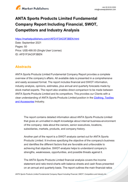 ANTA Sports Products Limited Fundamental Company Report Including Financial, SWOT, Competitors and Industry Analysis