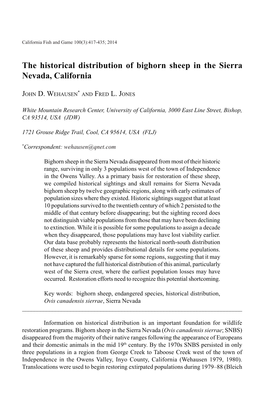 The Historical Distribution of Bighorn Sheep in the Sierra Nevada, California