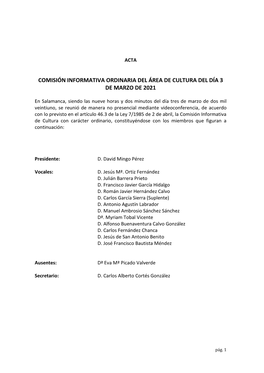 Comisión Informativa Ordinaria Del Área De Cultura Del Día 3 De Marzo De 2021