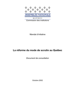 La Réforme Du Mode De Scrutin Au Québec