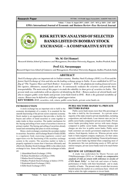 Risk Return Analysis of Selected Banks Listed in Bombay Stock Exchange-A