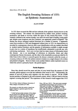 The English Sweating Sickness of 1551: an Epidenmic Anatomized