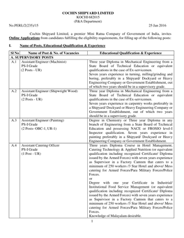 1 COCHIN SHIPYARD LIMITED KOCHI 682015 (P&A Department