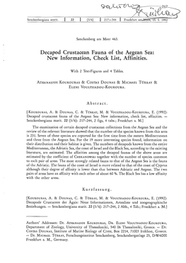 Decapod Crustacean Fauna of the Aegean Sea: New Information, Check List, Affinities