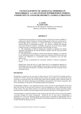 Co-Management of Artisanal Fisheries in Mozambique: a Case Studyof Kwirikwidge Fishing Community in Angoche District, Nampula Province