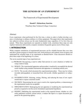 THE GENESIS of an EXPERIMENT Or the Framework of Experimental Development