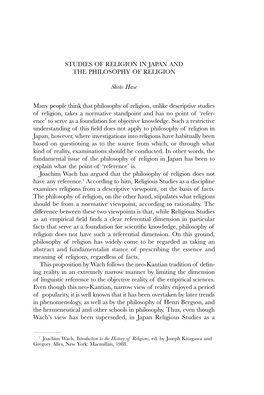 STUDIES of RELIGION in JAPAN and the PHILOSOPHY of RELIGION Shoto Hase Many People Think That Philosophy of Religion, Unlike