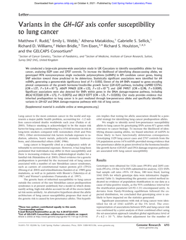 Variants in the GH-IGF Axis Confer Susceptibility to Lung Cancer