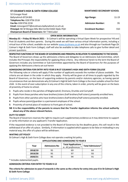 Admissions Criteria for Entry September 2021