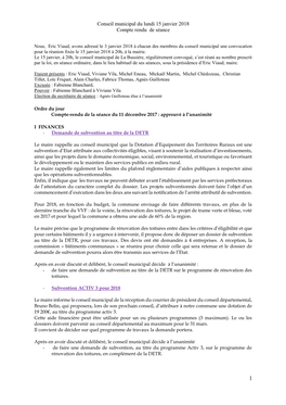 Conseil Municipal Du Lundi 15 Janvier 2018 Compte Rendu De Séance