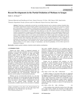 Recent Developments in the Partial Oxidation of Methane to Syngas Saleh A