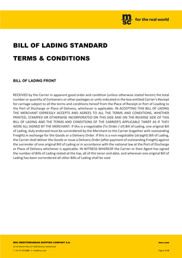 Bill of Lading Standard Terms & Conditions