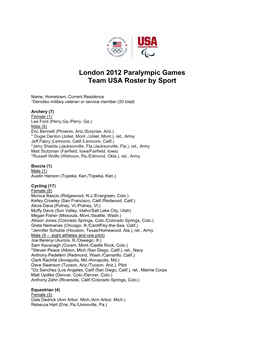 London 2012 Paralympic Games Team USA Roster by Sport