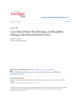 Can China Protect the Olympics, Or Should the Olympics Be Protected from China? Jennifer L