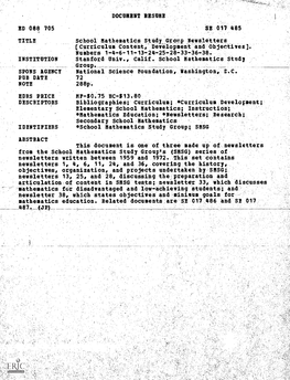 ABSTRACT This Document Is One of Three Made up of Newsletters from the School Mathematics Study Group's (SMSG) Series of Newsletters Written Between 1959 and 1972