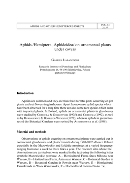 Aphids /Hemiptera, Aphidoidea/ on Ornamental Plants Under Covers
