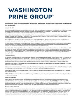 Washington Prime Group Completes Acquisition of Glimcher Realty Trust; Company to Be Known As WP GLIMCHER