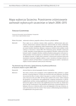 Mapa Wyborcza Szczecina. Przestrzenne Zróżnicowanie Zachowań Wyborczych Szczecinian W Latach 2006–2015