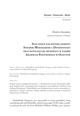 Stan Badań Nad Historią Rodziny Stolberg-Wernigerode Z Dönhoffstädt Oraz Dotyczące Jej Archiwalia W Zasobie Archiwum Państwowego W Olsztynie