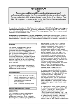 Muehlenbeckia Tuggeranong) a Recovery Plan Under the Environment Protection and Biodiversity Conservation Act 1999 (Cwlth), Based on an Action Plan (Action Plan No