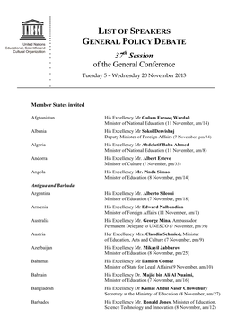 List of Speakers General Policy Debate