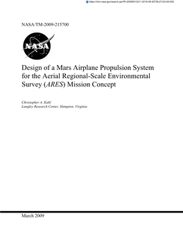 Design of a Mars Airplane Propulsion System for the Aerial Regional-Scale Environmental Survey (ARES) Mission Concept