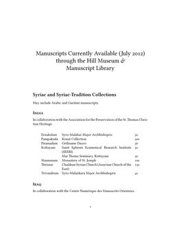 Manuscripts Currently Available (July ) Through the Hill Museum & Manuscript Library